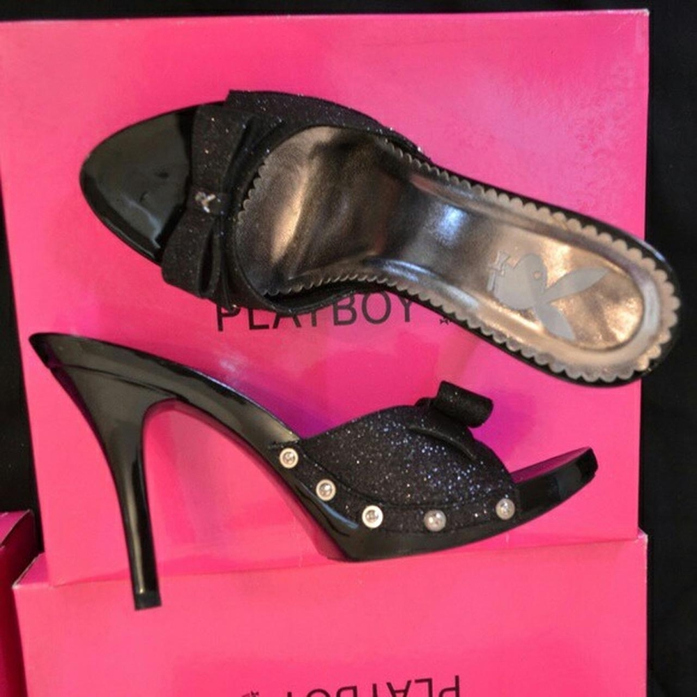 PLAYBOY Black Stiletto Heels with Rhinestone Embellishments